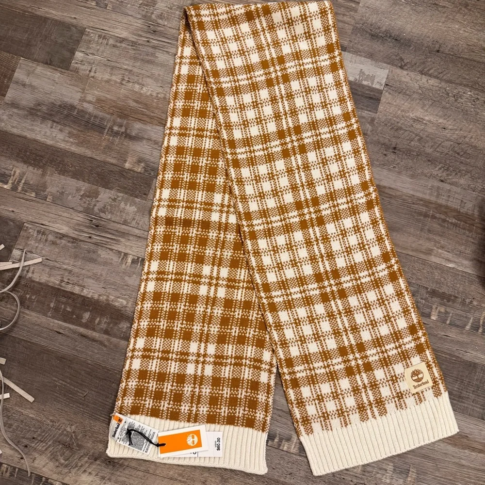 NWT Timberland Plaid Knit Scarf OS Brown Cream $60 MSRP
